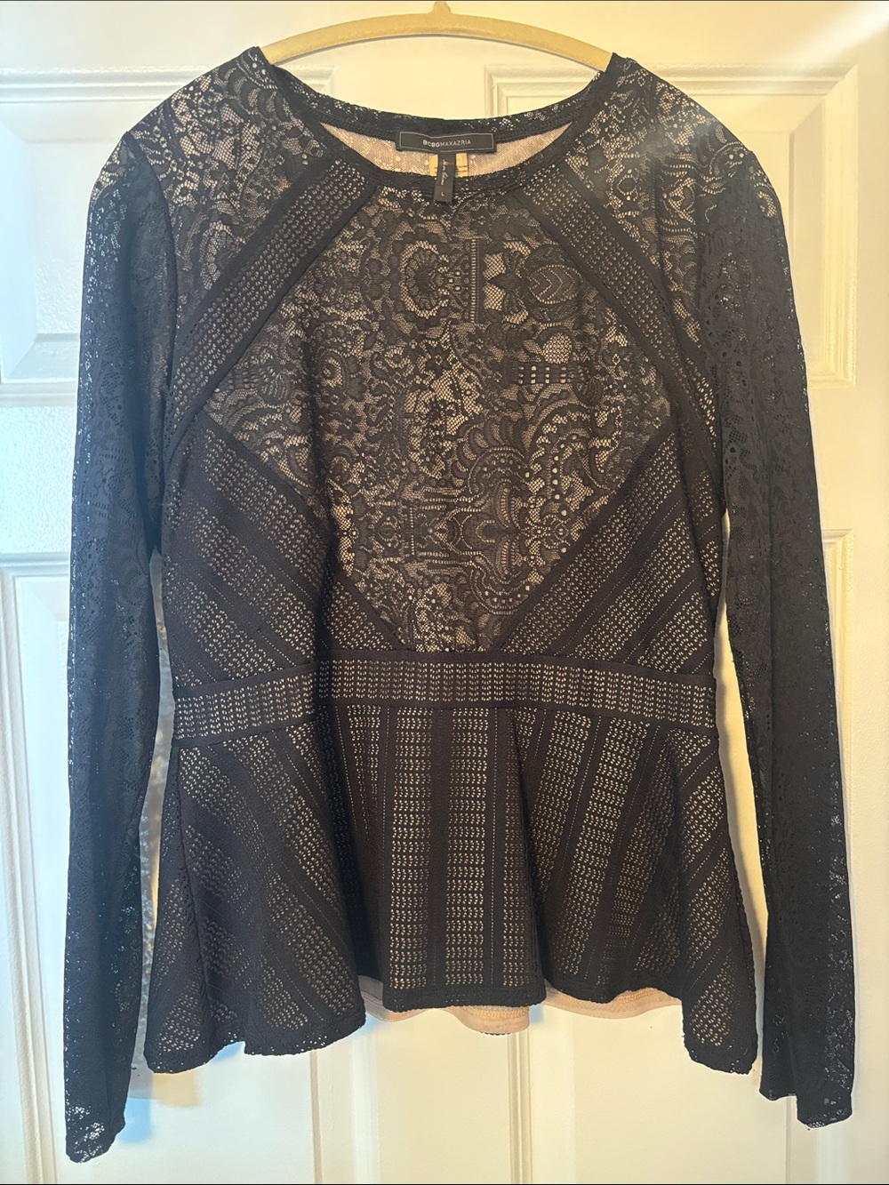 BCBGMaxAzria Black Lace Peplum Long-Sleeve Top